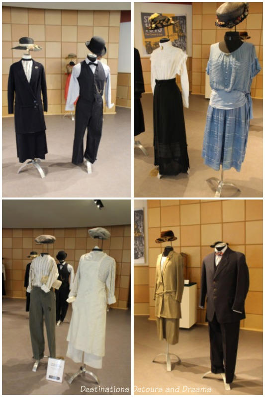 Collection of period clothing on display at STRIKE 1919: Our Cause is Just exhibit at Dalnavert Museum