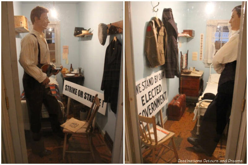 Pro-strike and anti-strike mannequins in adjacent rooms at the hotel in the Manitoba Museum Strike 1919: Divided City Exhibit