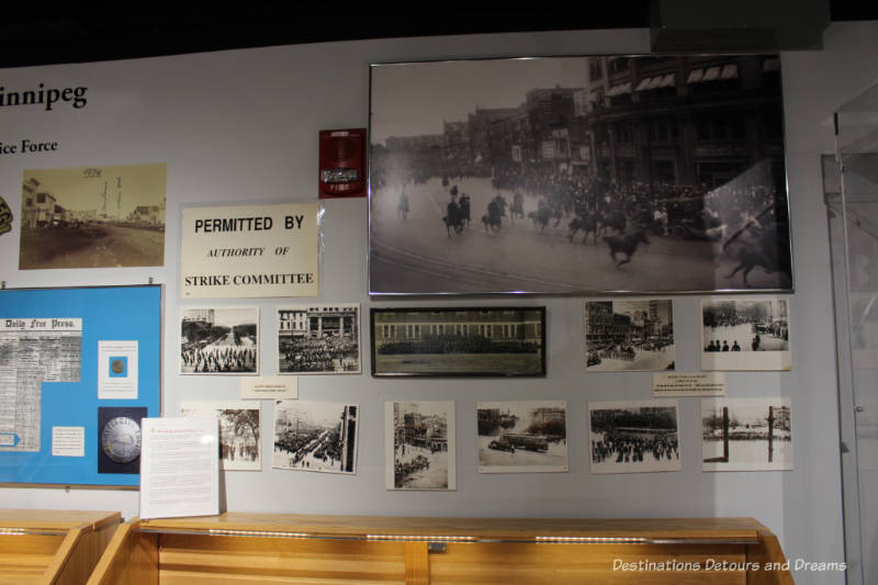 Photographs and clippings on a wall of the 1919 General Strike exhibit at the Winnipeg Police Museum