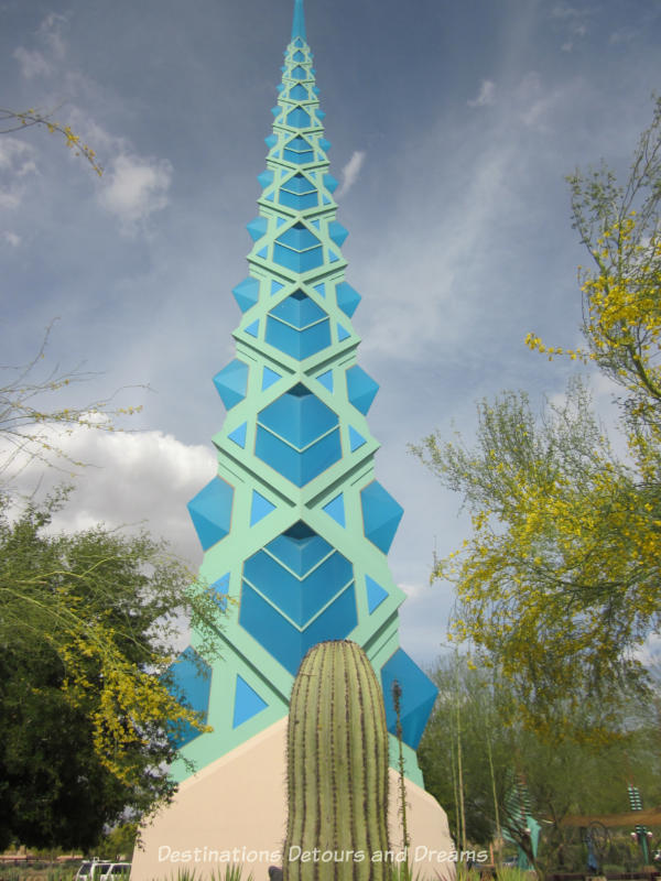 The blue and teal tower of the Scottsdale Spire