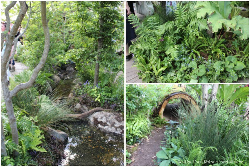 Assorted elements of the RHS Back to Nature Garden at the 2019 Chelsea Flower including a stream, hollowed-out tree trunk, and greenery