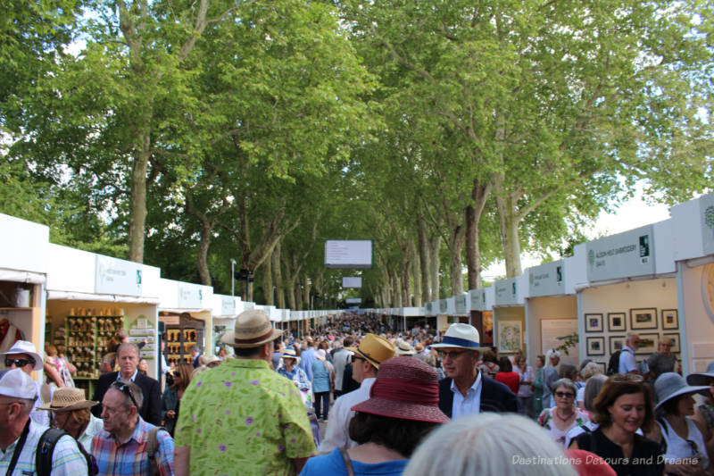 One aisle of exhibitor booths at the 2019 Chelsea Flower Show