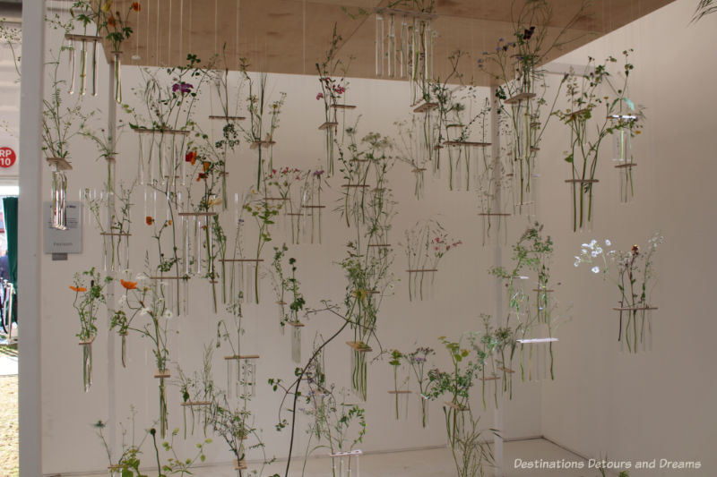 Suspended test tubes with plant stems in the Come What May floral installation at the 2019 Chelsea Flower Show