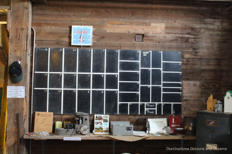 Chalkboard used to keep track of what was in each grain elevator bin at Prairieview Museum