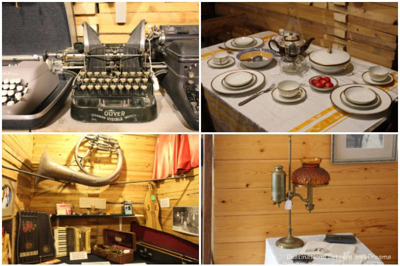 Collage of displays (typewrite, dinner tables, musical instruments, old lamp) at the Prairieview Museum