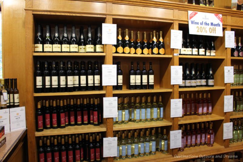 Shelves of wine at Denbies Wine Estate