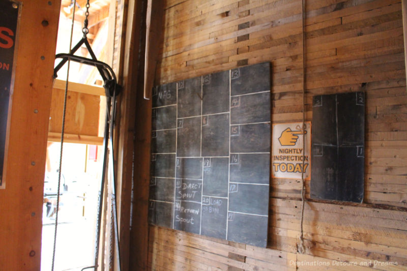 Chalkboard for tracking what grain is in each bin at the Inglis Grain Elevators National Historic Site