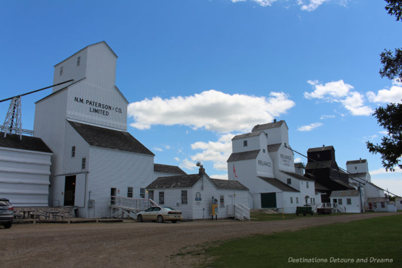 Row of five historic grain elevators in Inglis, Manitoba