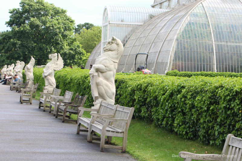 Heralidic statues of creatures representing Queen Elizabeth II royal ancestry at Kew Gardens