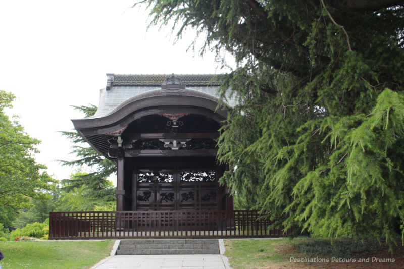 Carved wood Japanese temple framed by conifer branches at Kew Gardens