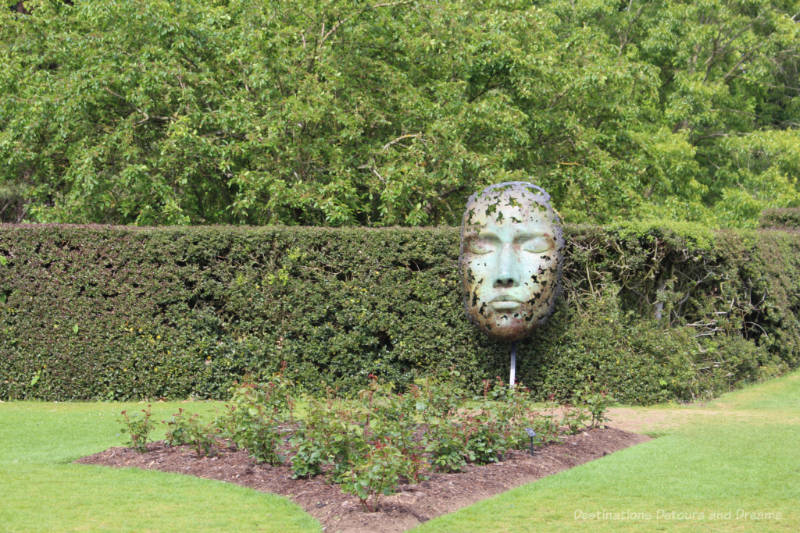 Sculpture of a face covered with leaves resting against a hedge at Kew Gardens. Leaf Spirit by Simon Gudgeon.