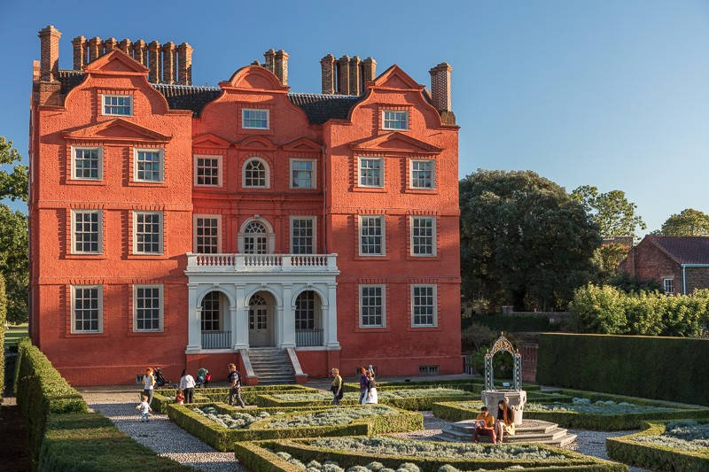 Red front with white porch entry of Kew Palace