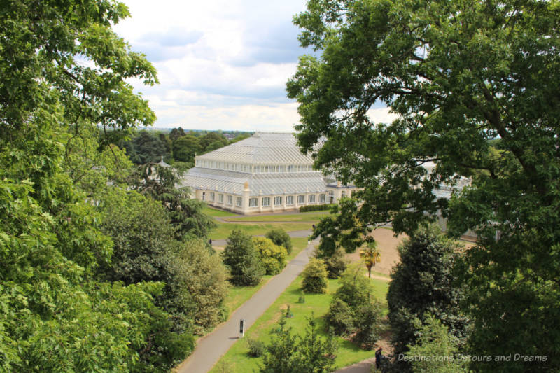 Glass conservatory Temperate House among the trees at Kew Gardens