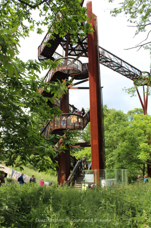 Steel twisting staircase leading up to the Treetop Walkway at Kew