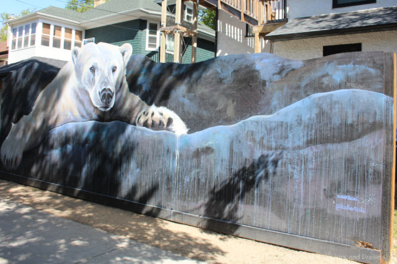 Painting of a polar bear on a fence in Arctic Alley, Winnipeg