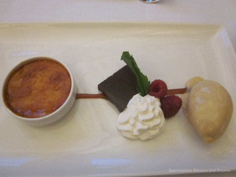 Dessert Trio of Birch Syrup Juniper Crème Brûlée, Chocolate Pâté, and Wild Rice Cinnamon Ice Cream