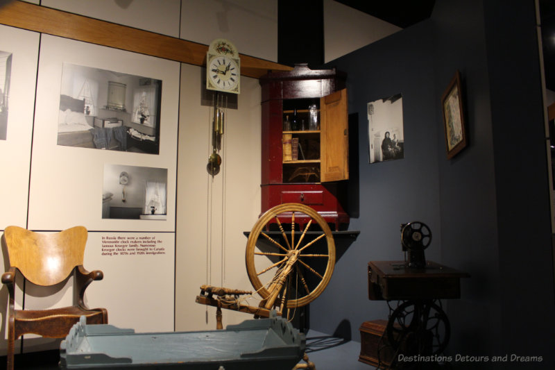 Display room of with spinning machine, sewing machine, and a Kroeger clock