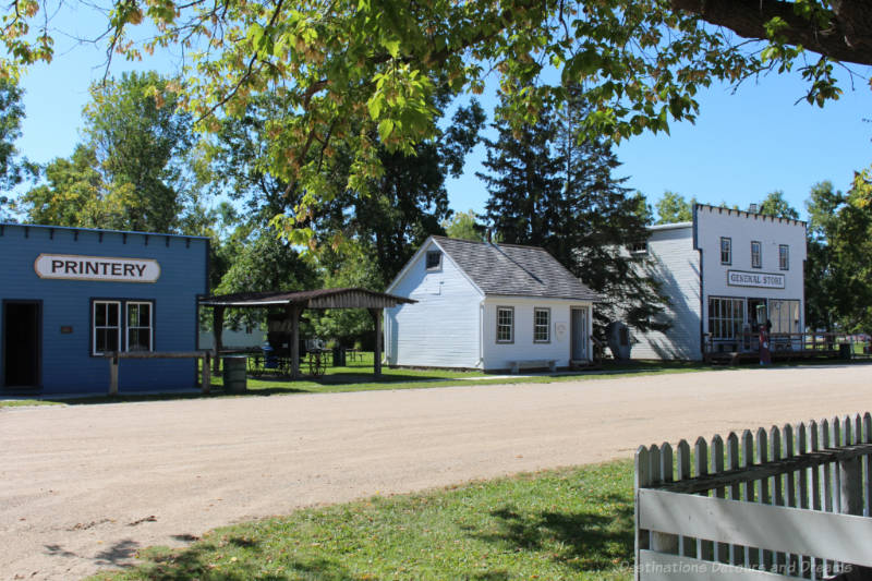 Three buildings along the main street of a recreated late 18th century Mennonite village