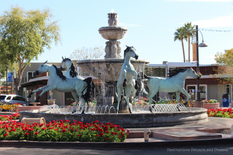 Scottsdale Trolley Bronze Horse Fountain Bronze horse statue featuring 5 horses in a ring around a central fountain