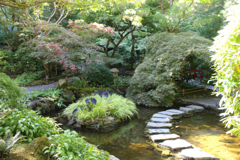 Greenery and stone walkway through water feature in Japanese Garden at The Butchart Gardens