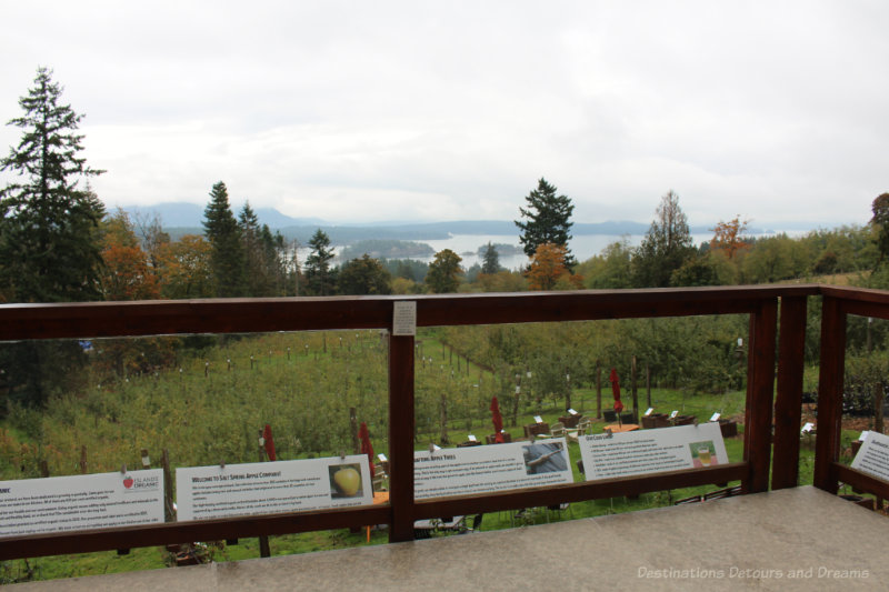 Deck at Ciderworks looking out over apple orchard to ocean and mountains beyond