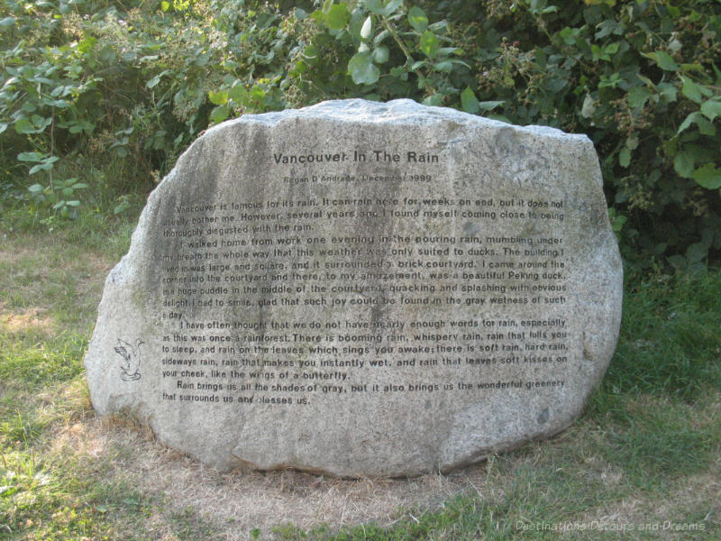 Stone with a poem about Vancouver in the Rain etched into it