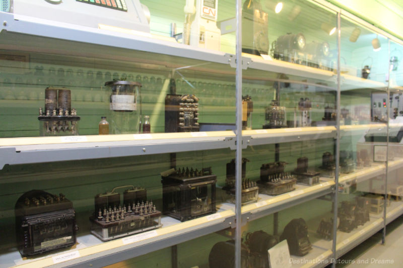 Communication equipment displayed inside a railway car at the Winnipeg Railway Museum