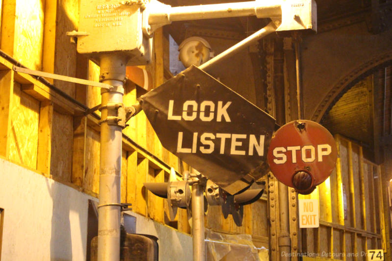 Winnipeg Railway Museum Sign Look Listen Stop railway sign on display at the Winnipeg Railway Museum