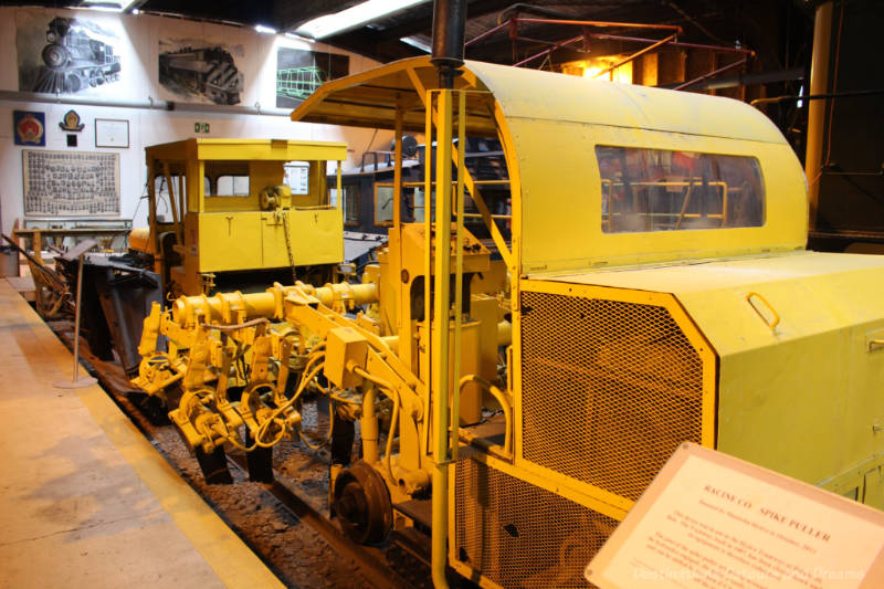 Winnipeg Raiulway Museum Spike Puller Yellow Spike Puller on display at Winnipeg Railway Museum