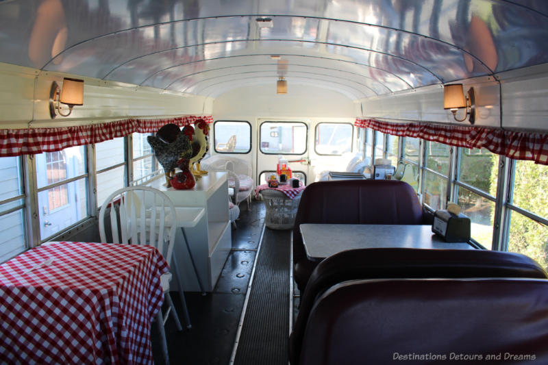 Interior of bus set up as tea room and diner