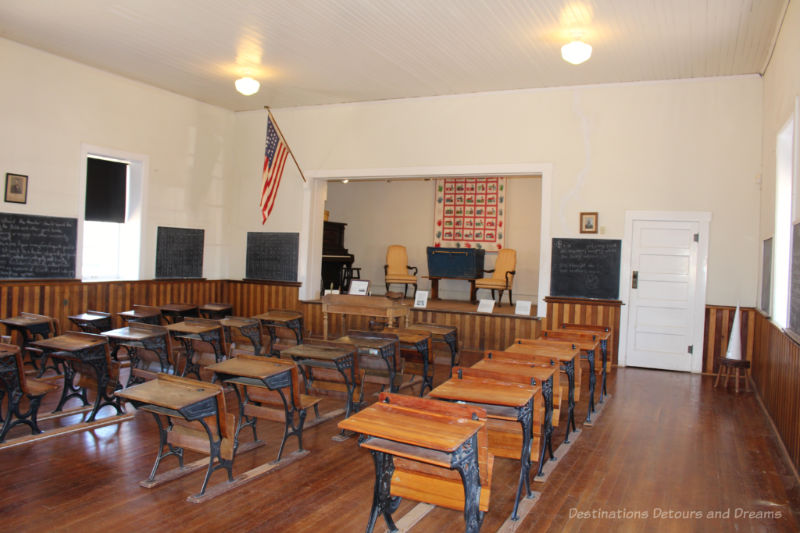 Old desks inside a one-room schoolhouse