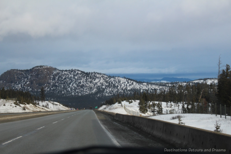 Heading into the mountains on a winter drive through the mountains of British Columbia