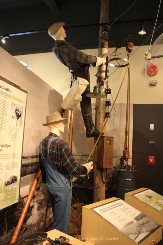 Display at Manitoba Electrical Museum showing lineman working on setting up electric wires on poles 