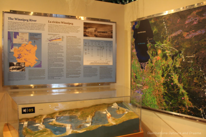 Diorama and panel board at Manitoba Electrical Museum showing the six generating stations along the Winnipeg River