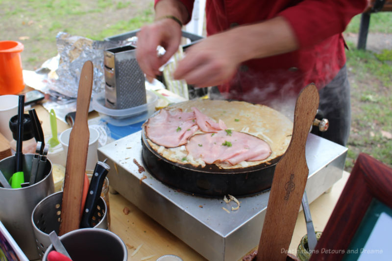 Salt Spring Island Crepes Crepe cooking on grill at Salt Spring Island Market