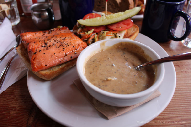 Salmon burger and mushroom soup at Treehouse Cafe on Salt Spring Island