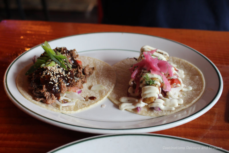 A plate of two tacos (beef and fish) at El Loco Taco on Salt Spring Island