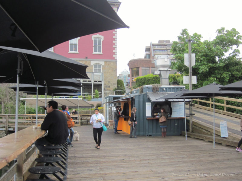 An up-cycled cargo container houses a takeaway fish n chip shop along the Victoria waterfront