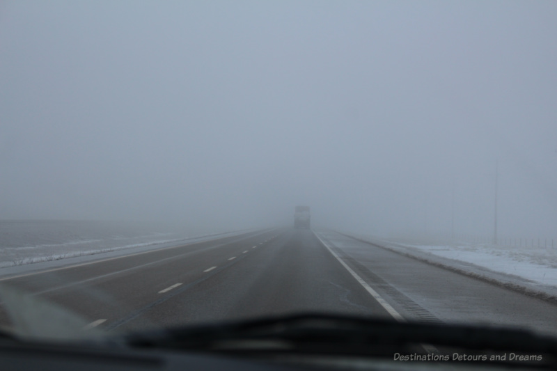 Canadian Winter Road Trip Fog Highway obscured by fog