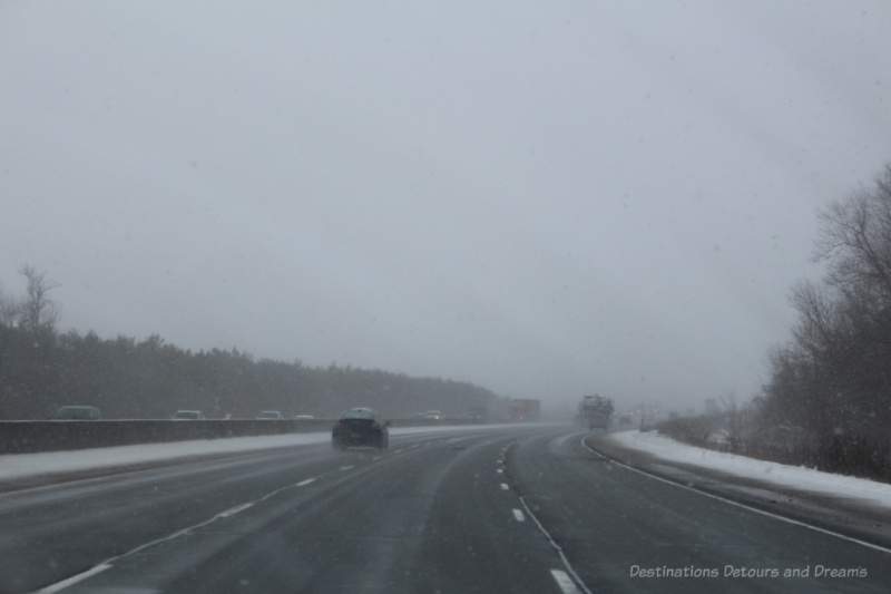 Highway during light snow flurries
