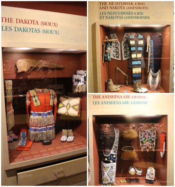 Displays showing Sious, Cree, and Ojibwa artifacts at Manitoba Museum