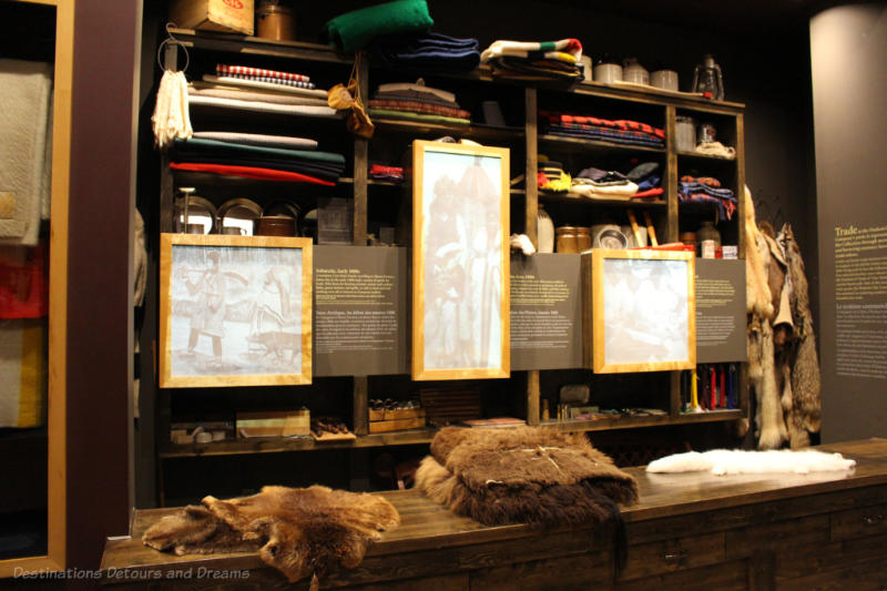 Display of furs and blankets for trade in Hudson's Bay Gallery at Manitoba Museum