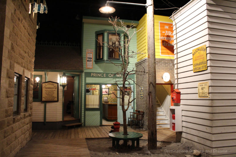 Street scene with shops in recreated 1920s Winnipeg at Manitoba Museum