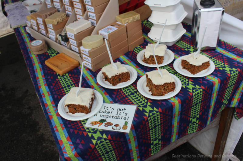 Carrot cake pieces for sale at Salt Spring Island Saturday Market