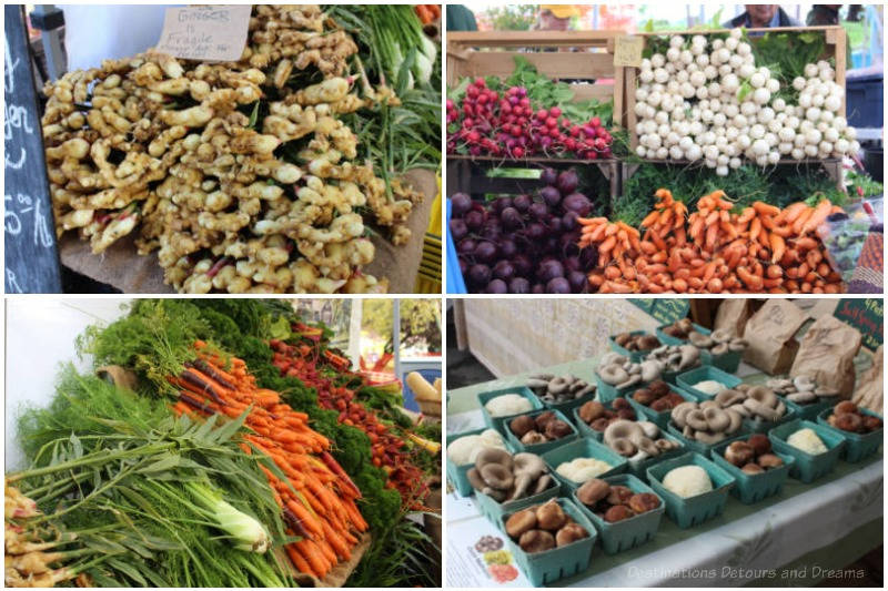 Assorted produce (ginger, radishes, carrots, beets, mushrooms) at Salt Spring Island Saturday Market