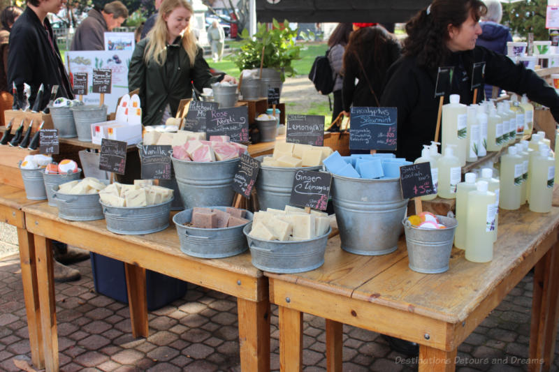 Table of products from Saltspring Soapworks at Salt Spring Island Saturday Market