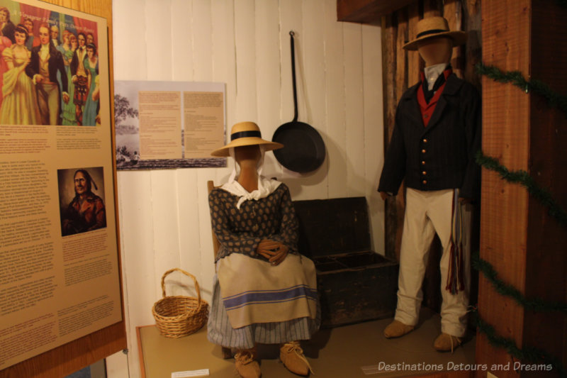 Museum display with mannequins dressed in early French-Canadian garb