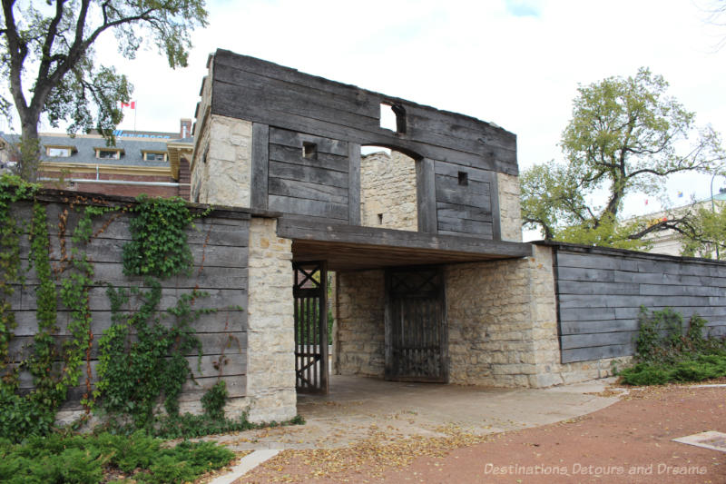 A stone and wood gate from a former fur trading post in Winnipeg, Manitoba