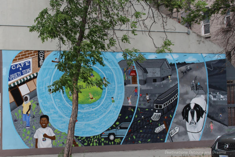 Mural with scenes across time spreading out like ripples from a blue circle on the left