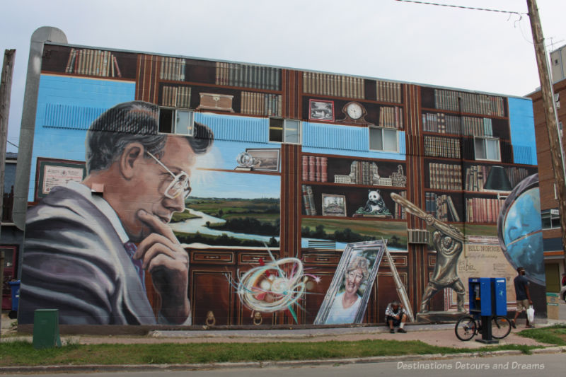 Mural showing Bill Norrie, former mayor of Winnipeg, and many items symbolizing his life